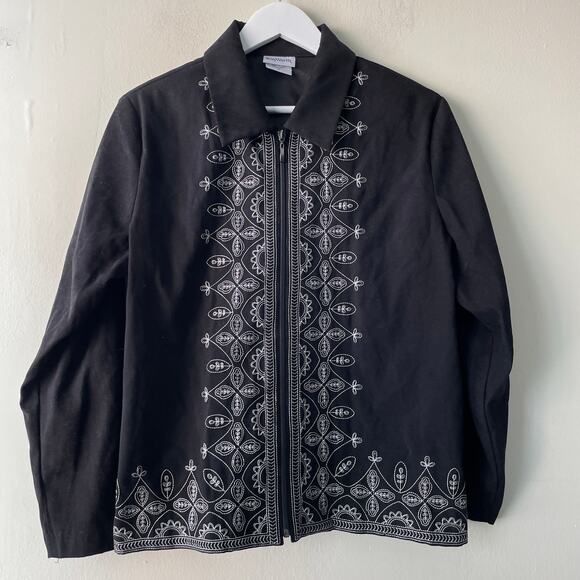 Bon Worth Black Long Sleeve White Floral Embroidery Zip Up Collared Jacket - MP - Picture 5 of 11